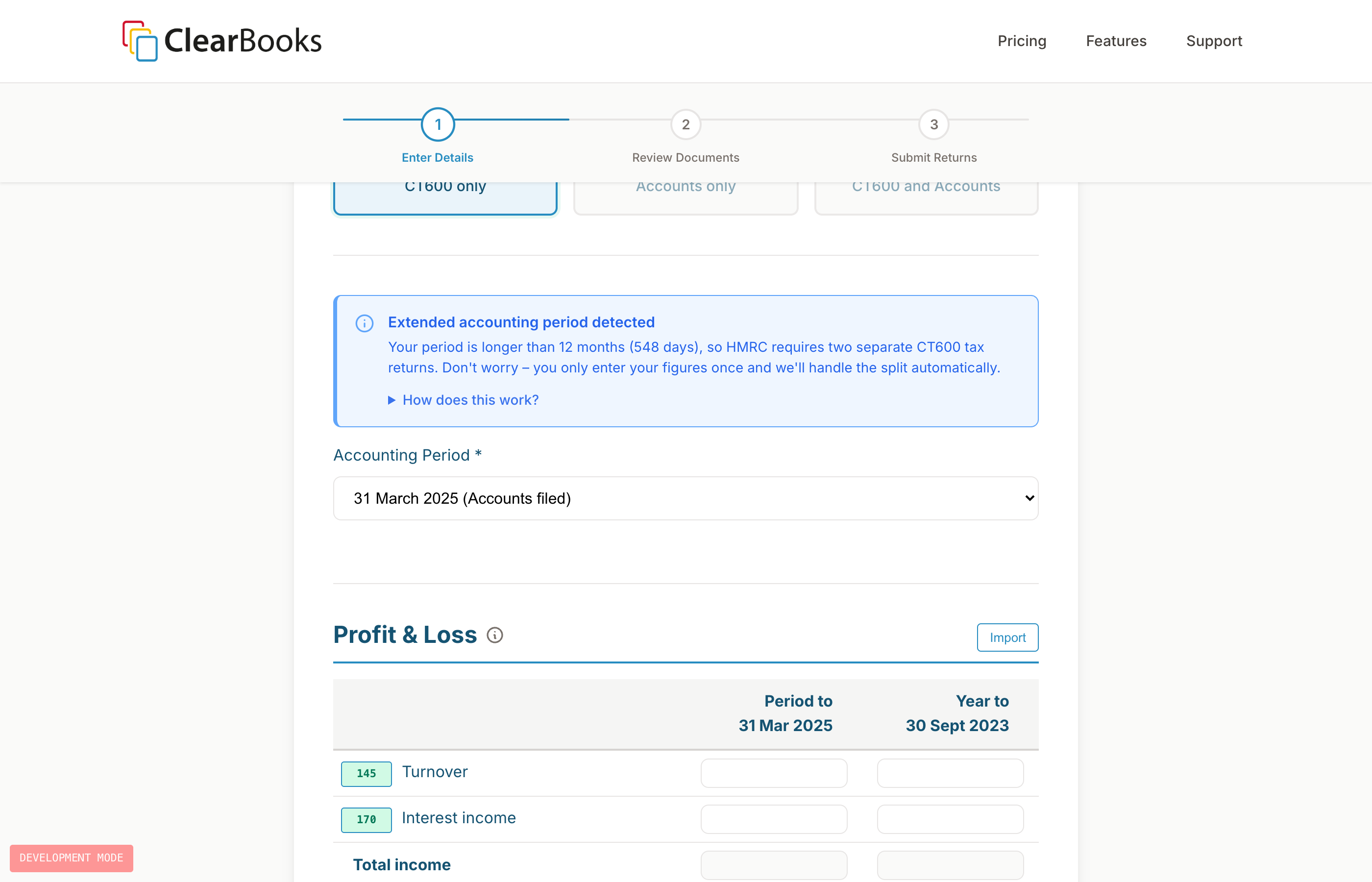 Profit and Loss entry form with CT600 box numbers